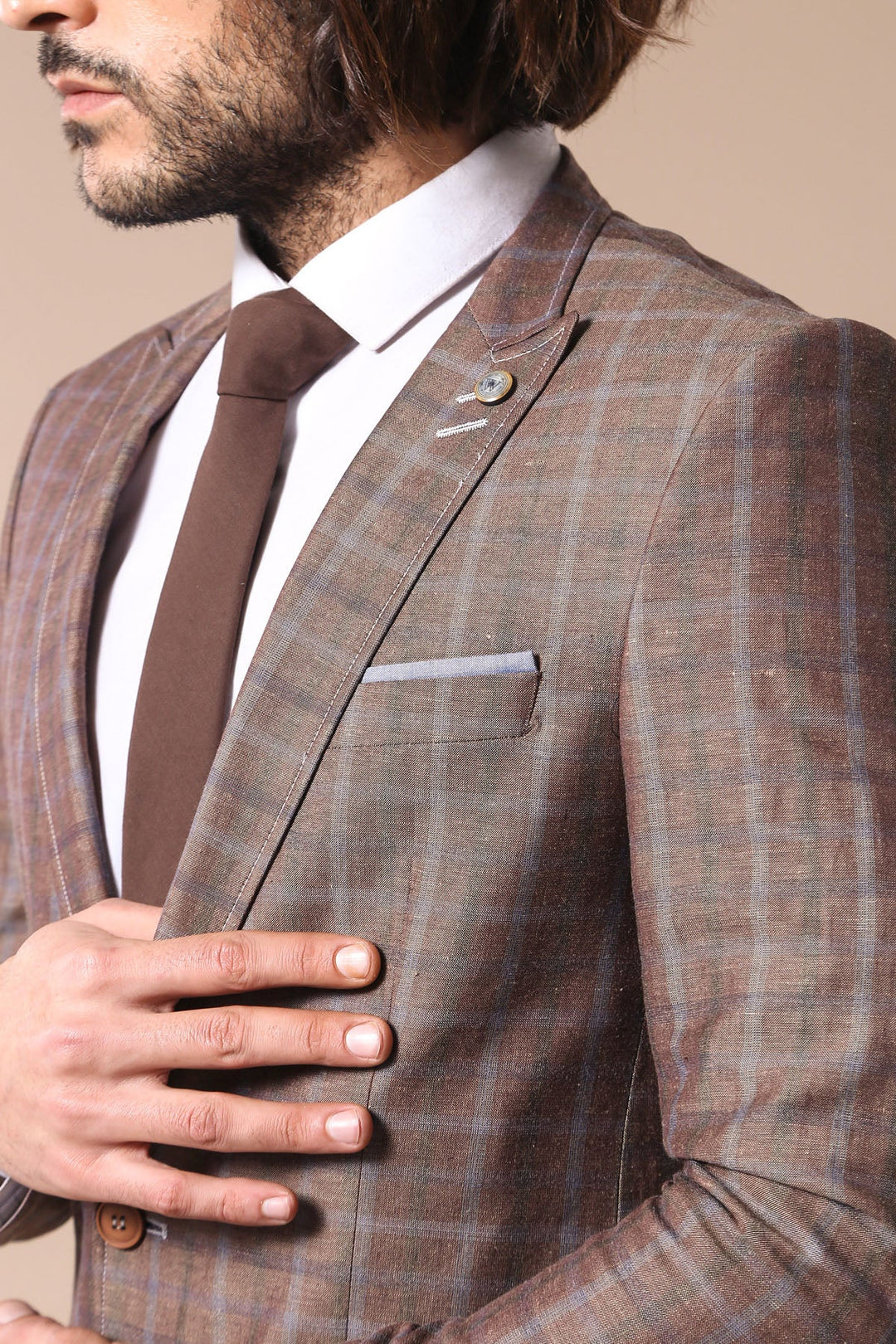 WSS Single Button Pointed Collar Plaid Brown Jacket- - Greenford