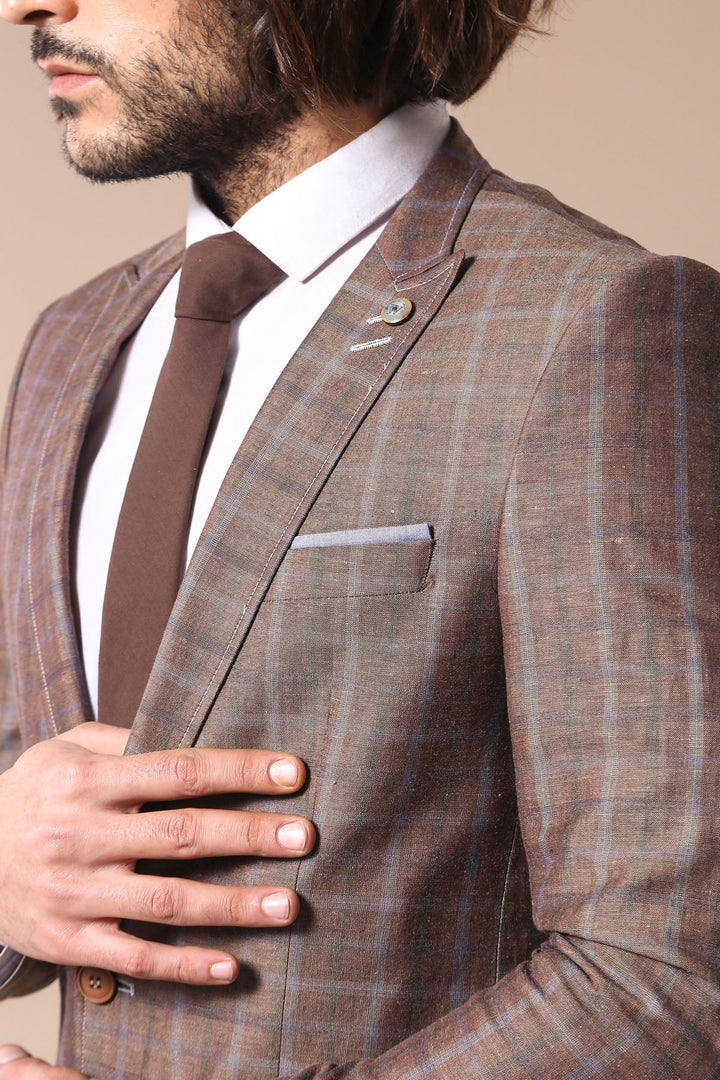WSS Single Button Pointed Collar Plaid Brown Jacket- - Greenford