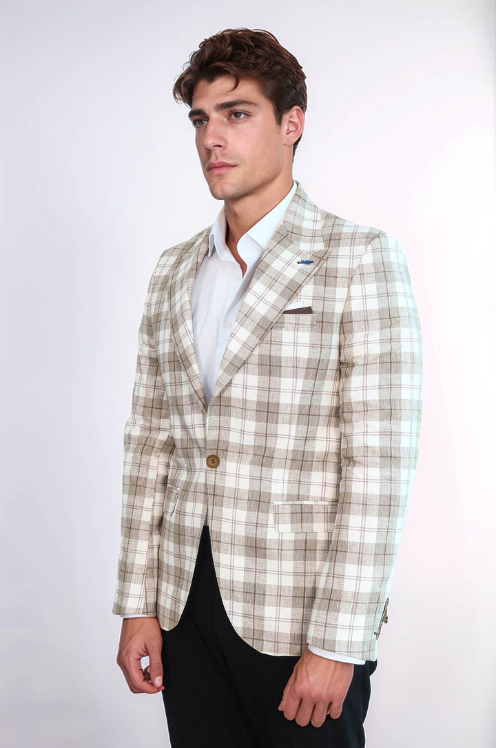 WSS Single Button Wide Pointed Collar Beige Blazer  - Vallejo