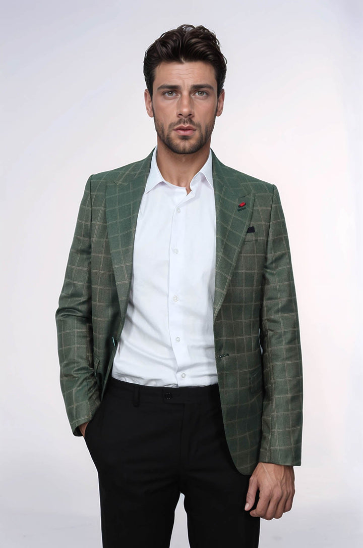 WSS Single Button Wide Pointed Collar Green Blazer  - Chioggia