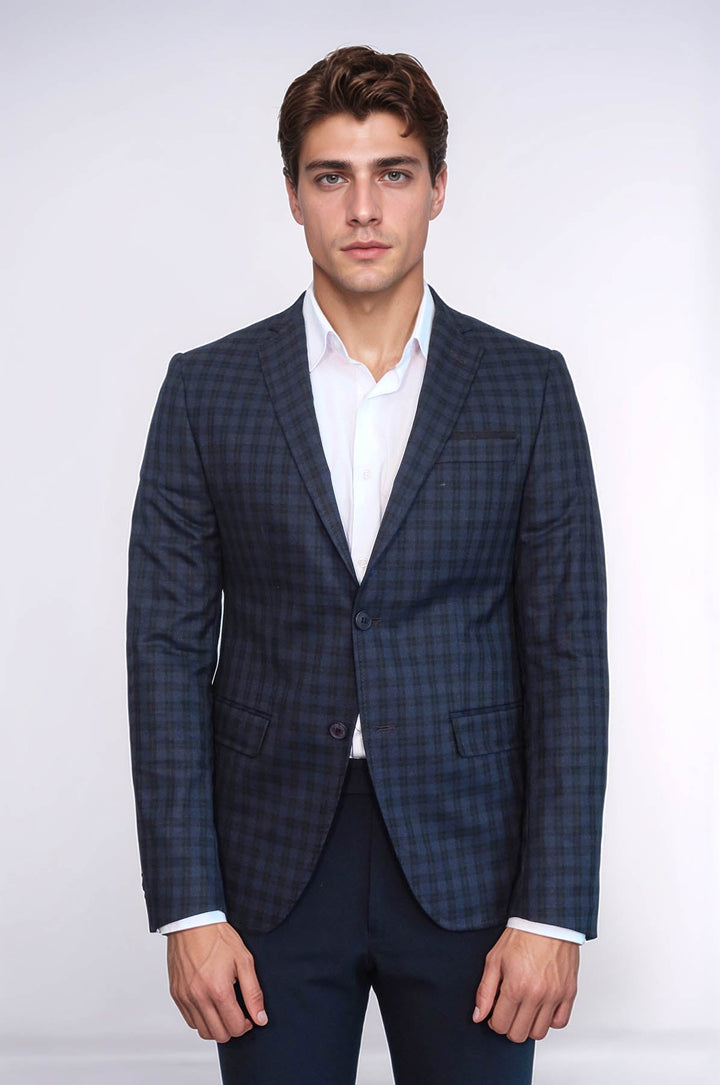WSS Plaid Navy Blue Jacket with Handkerchief  - Concord