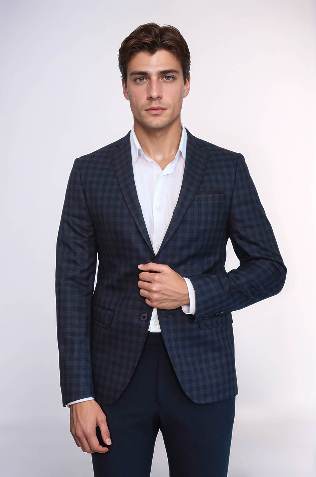 WSS Plaid Navy Blue Jacket with Handkerchief  - Concord