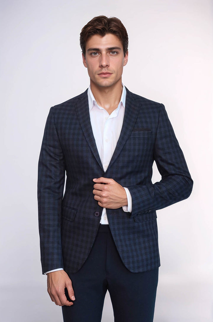 WSS Plaid Navy Blue Jacket with Handkerchief  - Concord