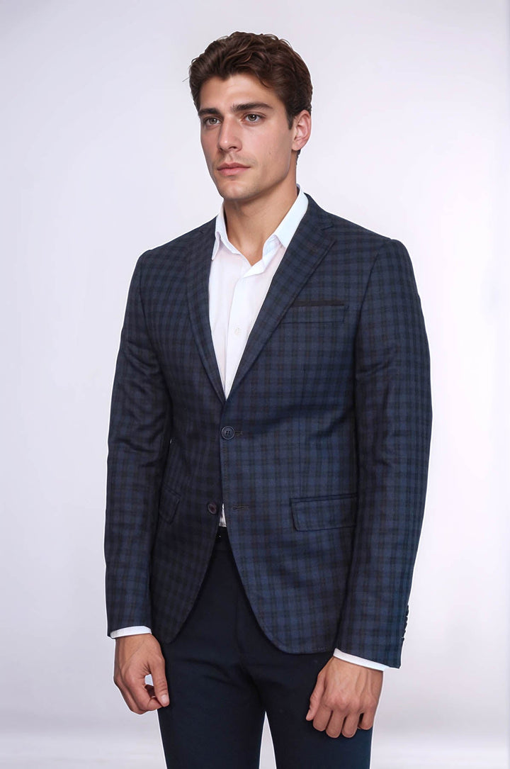 WSS Plaid Navy Blue Jacket with Handkerchief  - Concord