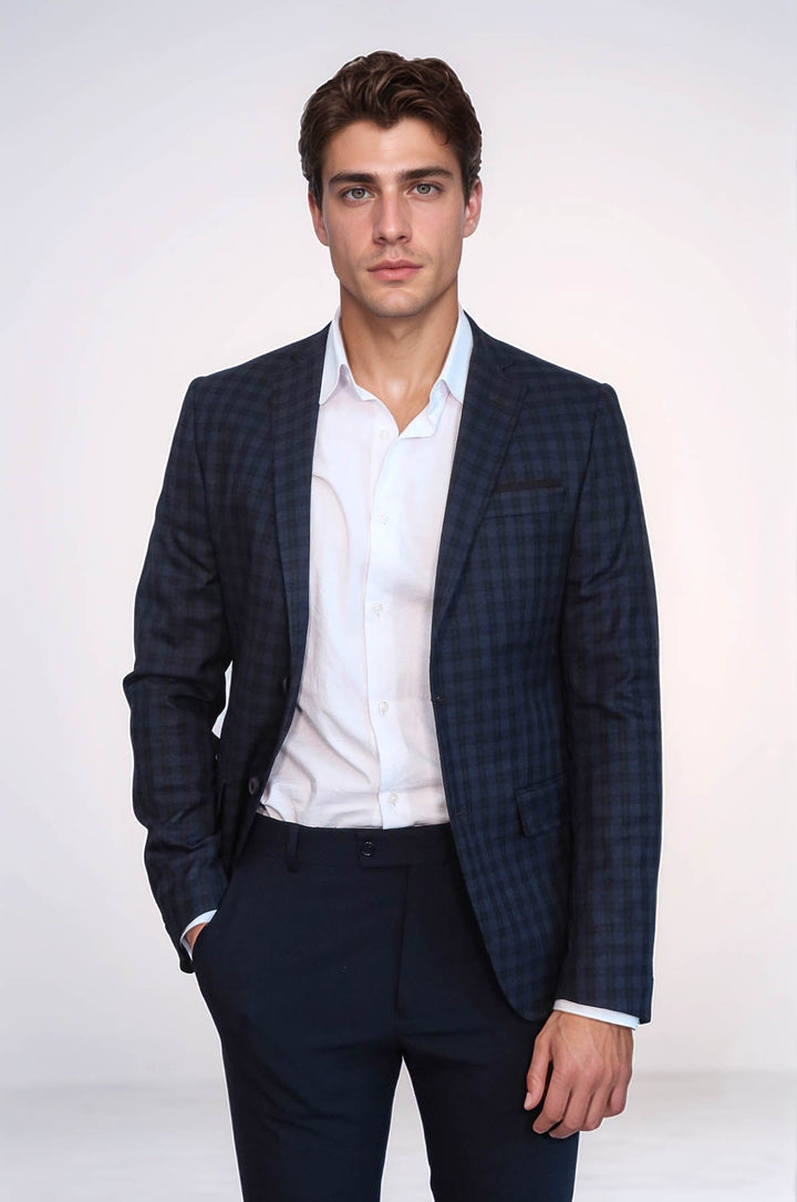 WSS Plaid Navy Blue Jacket with Handkerchief  - Concord