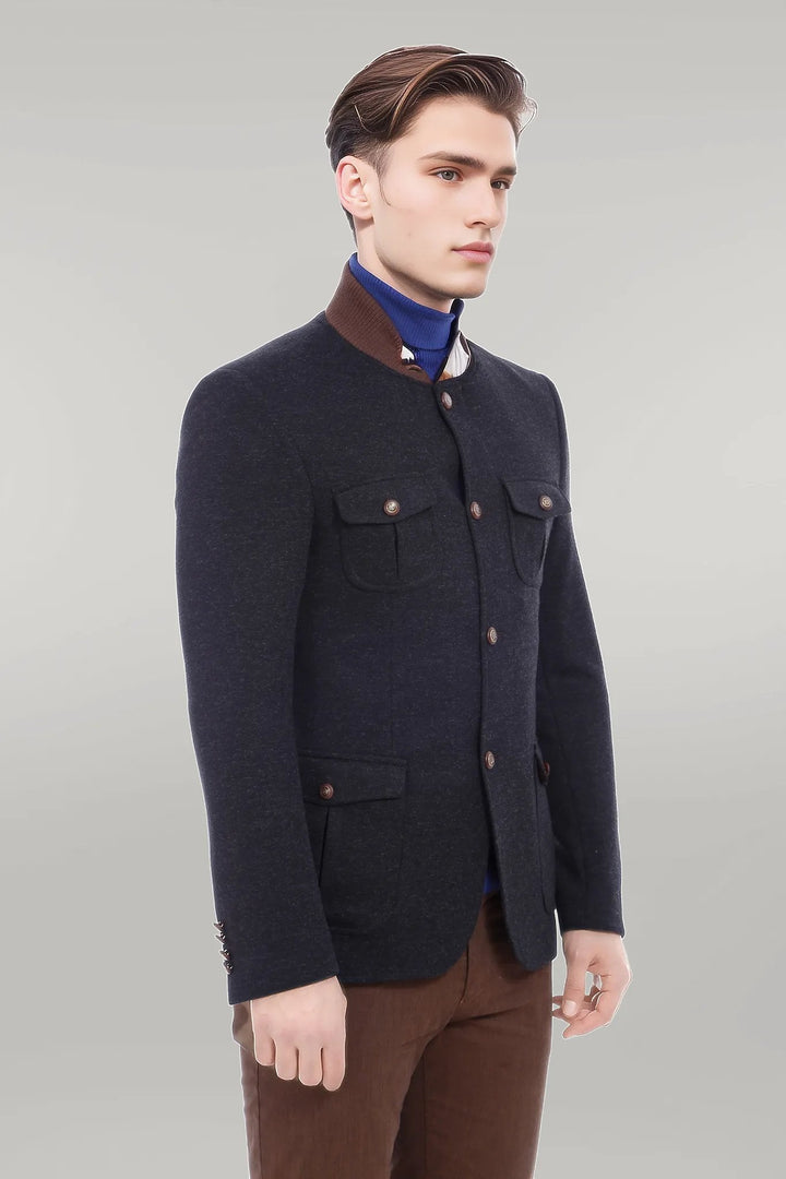 WSS 4 pocket Bag Pocket Knit Collar Black Jacket- - Singen