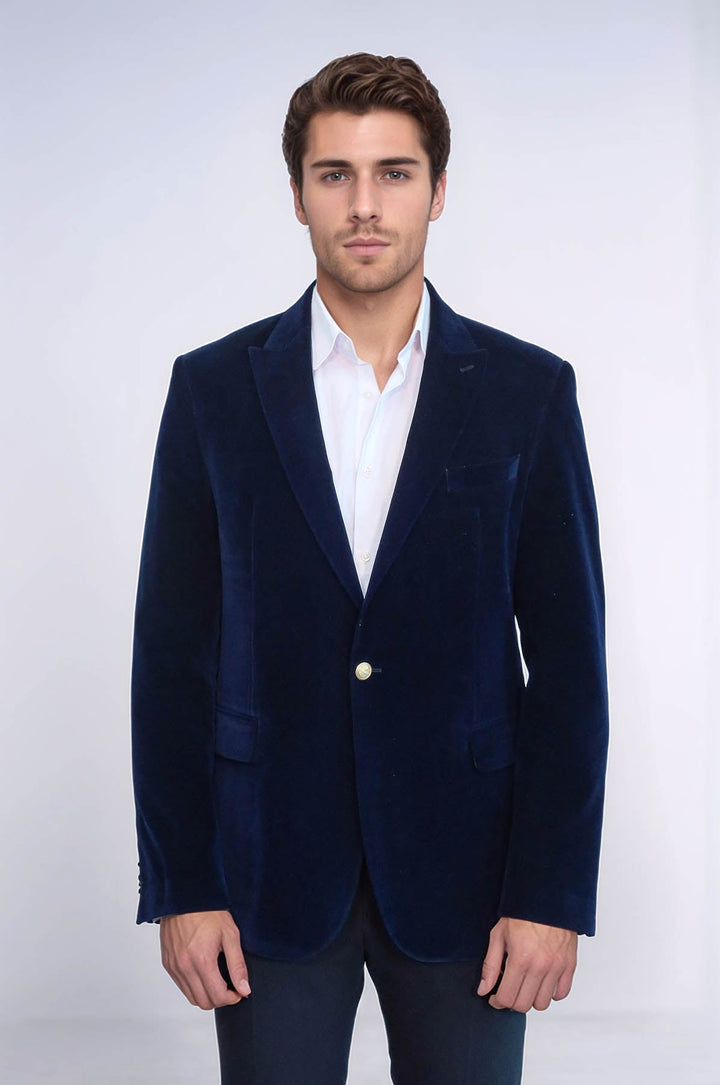 WSS Wide Peak Lapel Velvet Navy Blue Blazer  - Johnson City