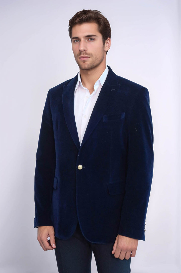 WSS Wide Peak Lapel Velvet Navy Blue Blazer  - Johnson City