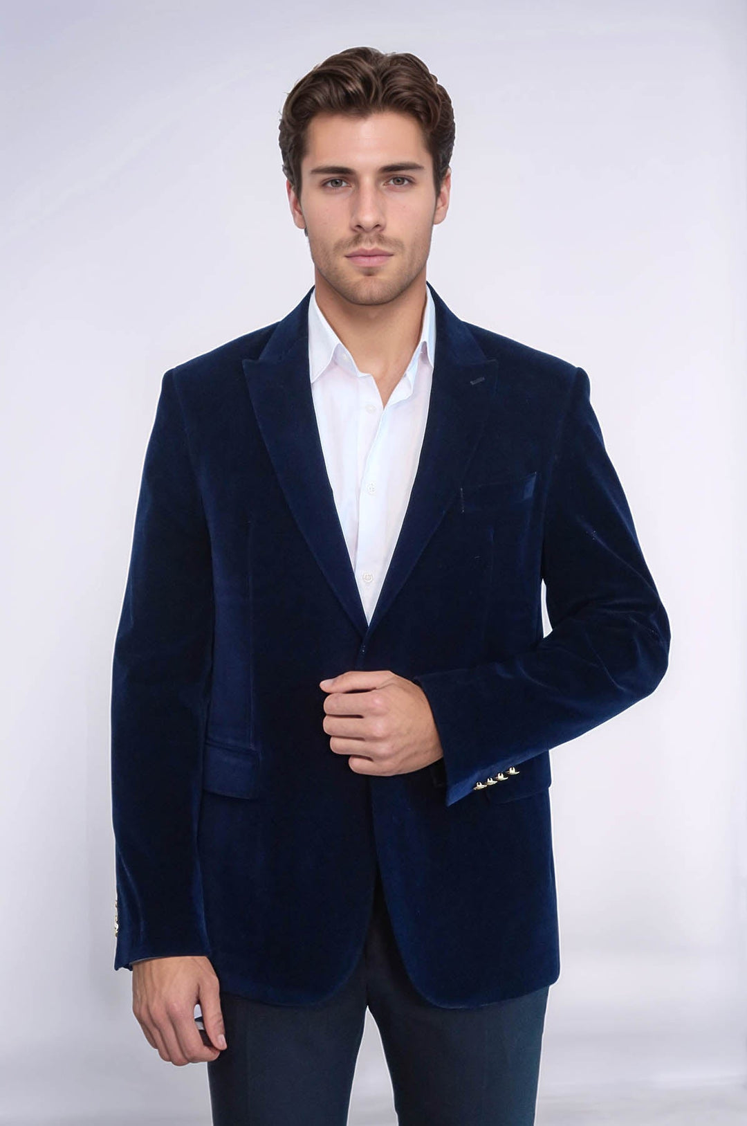 WSS Wide Peak Lapel Velvet Navy Blue Blazer  - Johnson City