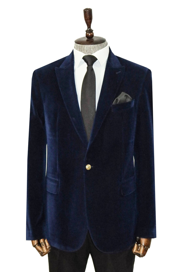 WSS Wide Peak Lapel Velvet Navy Blue Blazer  - Greenburgh