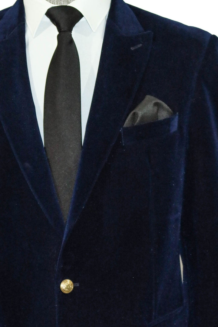 WSS Wide Peak Lapel Velvet Navy Blue Blazer  - Greenburgh