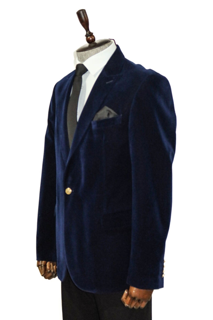 WSS Wide Peak Lapel Velvet Navy Blue Blazer  - Greenburgh