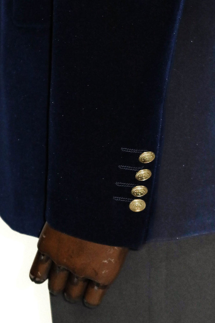 WSS Wide Peak Lapel Velvet Navy Blue Blazer  - Greenburgh