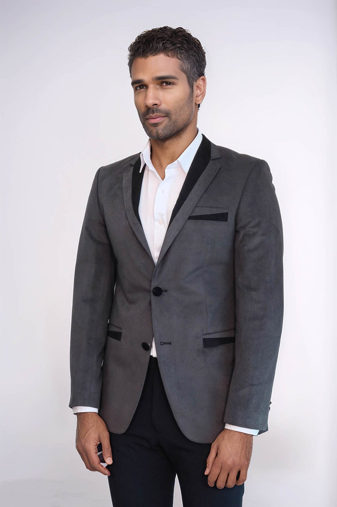 WSS 2 Buttons Pocket Piping Velvet Grey Jacket - Hounslow