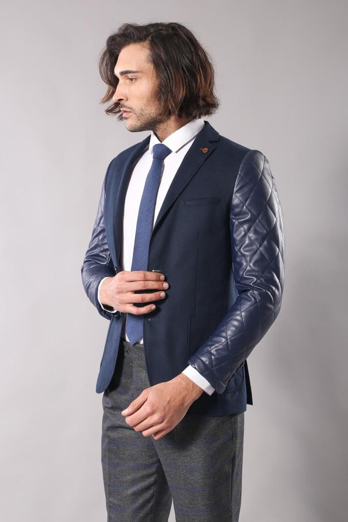 WSS Leathered Sleeve Quilted Navy Blue Cache Blazer  - Olbia