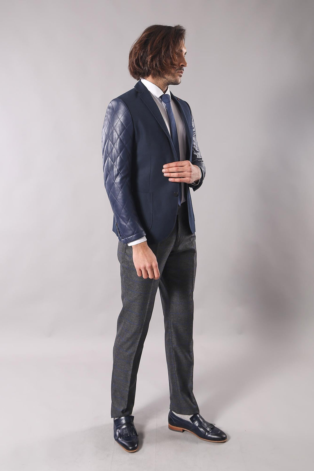 WSS Leathered Sleeve Quilted Navy Blue Cache Blazer  - Olbia