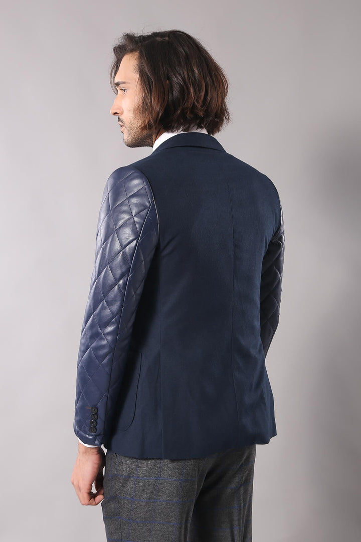 WSS Leathered Sleeve Quilted Navy Blue Cache Blazer  - Olbia