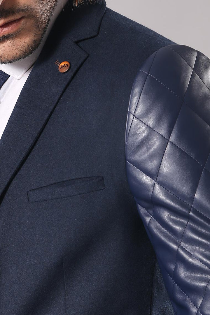 WSS Leathered Sleeve Quilted Navy Blue Cache Blazer  - Olbia