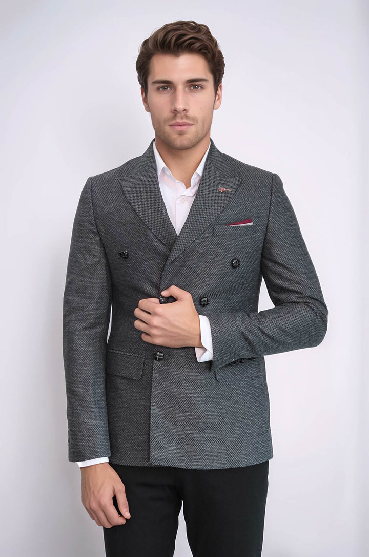 WSS Double Breasted Slim Fit Grey Blazer  - Zamora