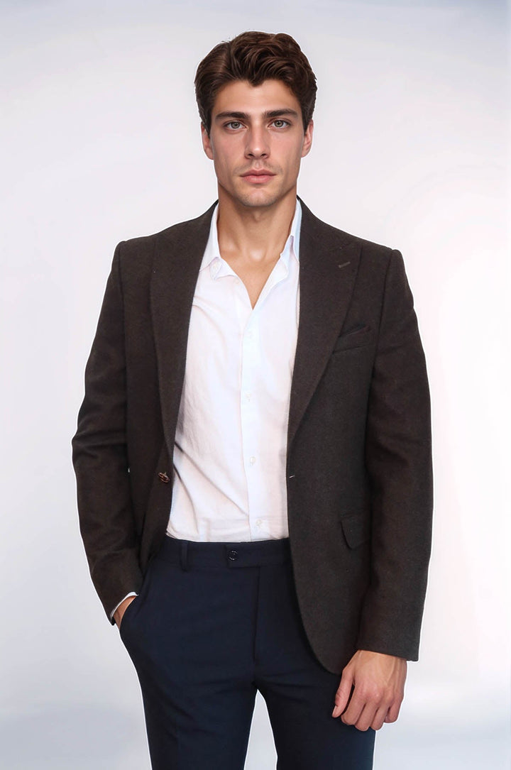 WSS Single Button Pointed Wide Collar Brown Blazer  - Tampico