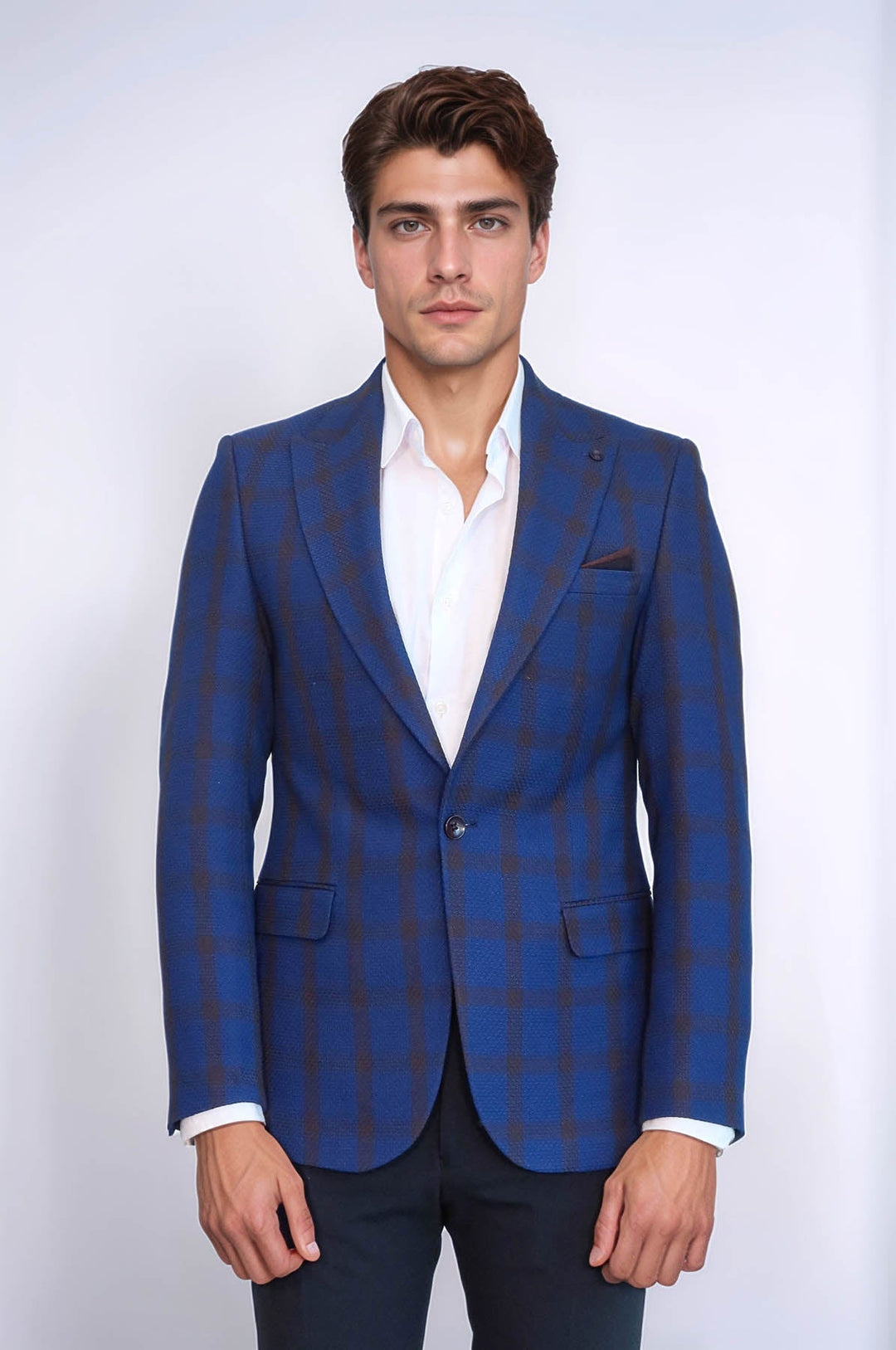 WSS Double Breasted Pointed Collar Plaid Bast Blue Jacket- - Rîbniţa