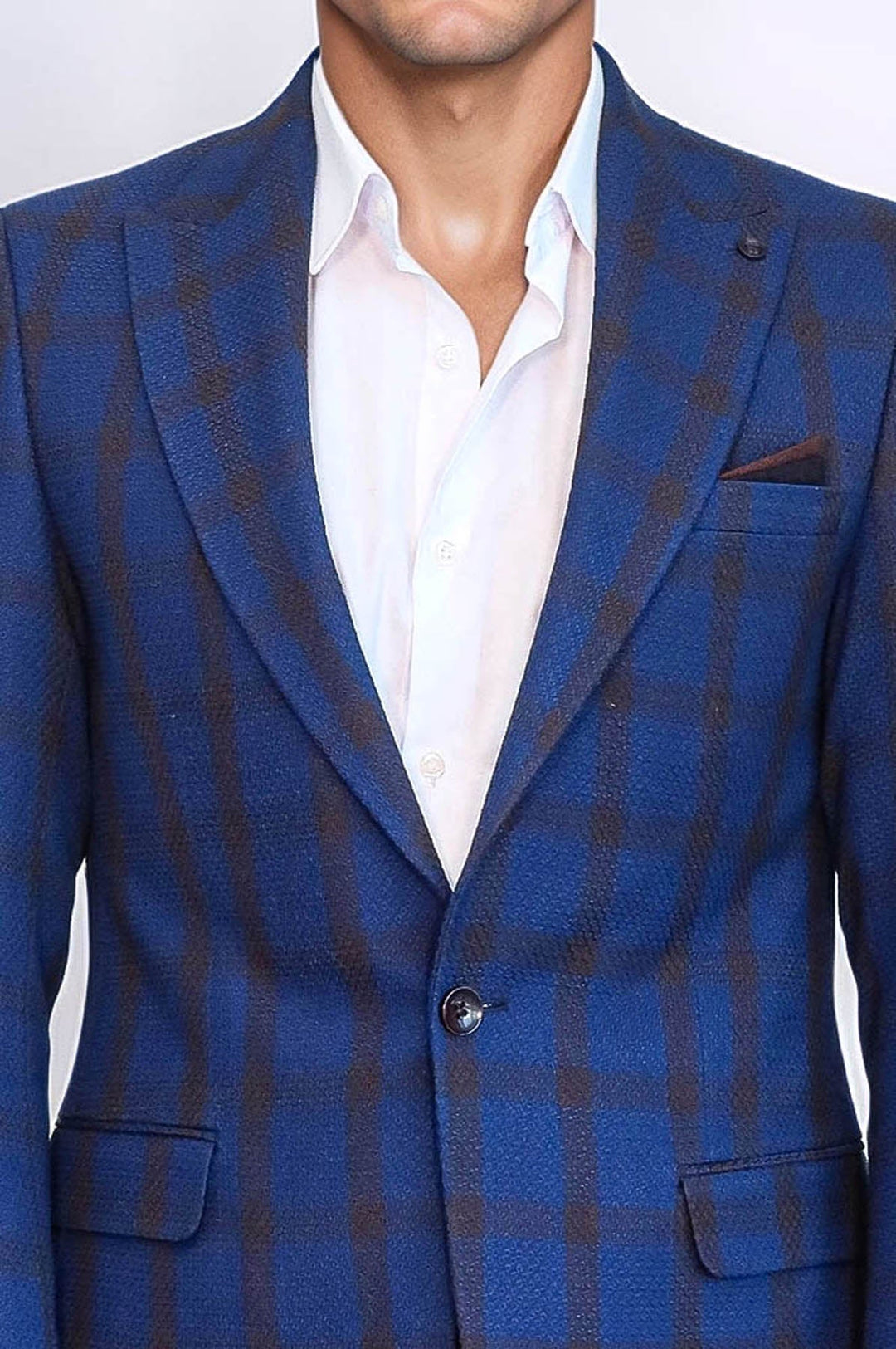 WSS Double Breasted Pointed Collar Plaid Bast Blue Jacket- - Rîbniţa