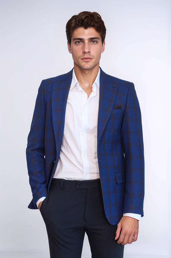 WSS Double Breasted Pointed Collar Plaid Bast Blue Jacket- - Rîbniţa
