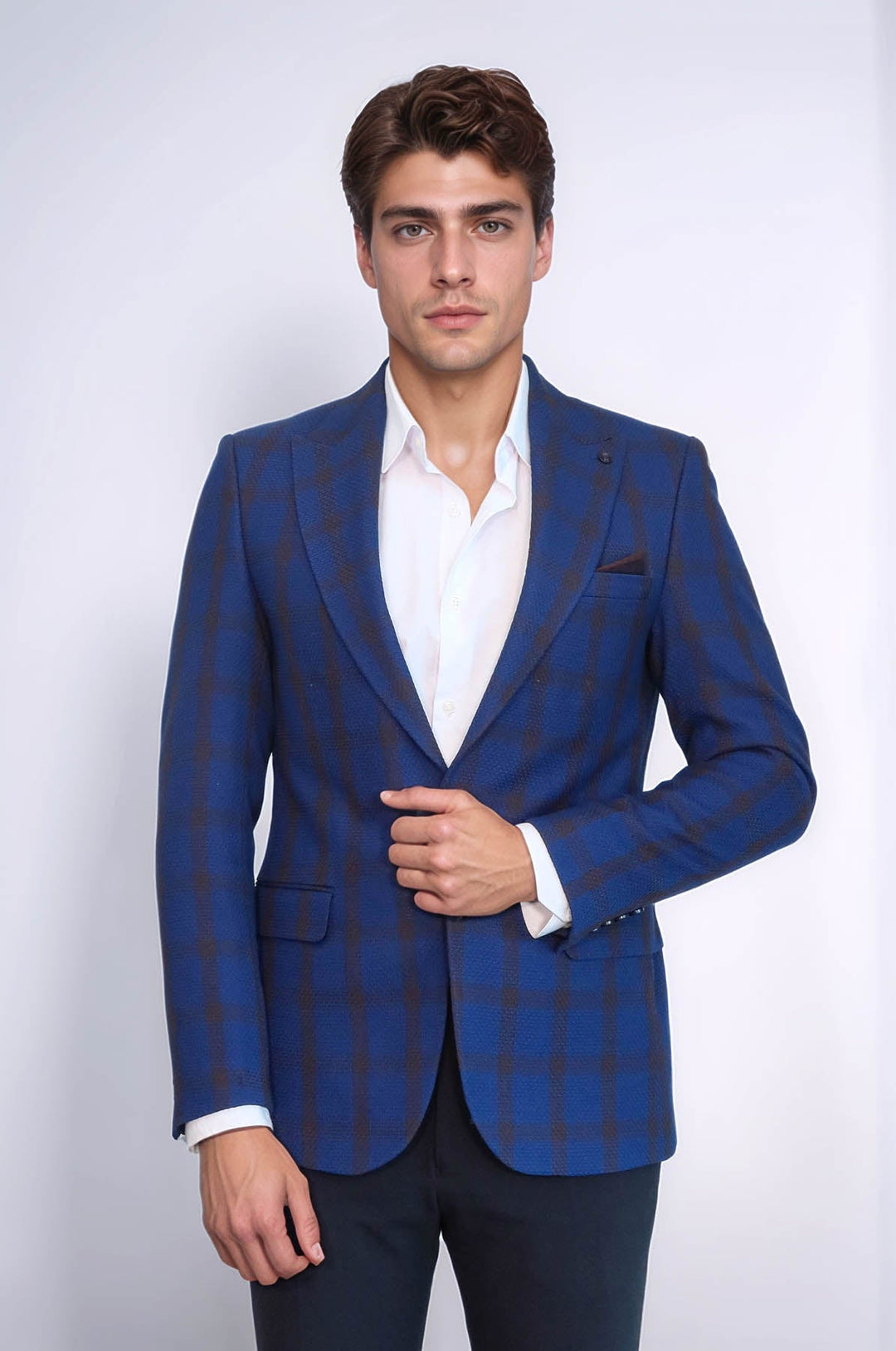 WSS Double Breasted Pointed Collar Plaid Bast Blue Jacket- - Rîbniţa