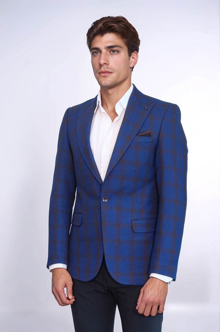 WSS Double Breasted Pointed Collar Plaid Bast Blue Jacket- - Rîbniţa