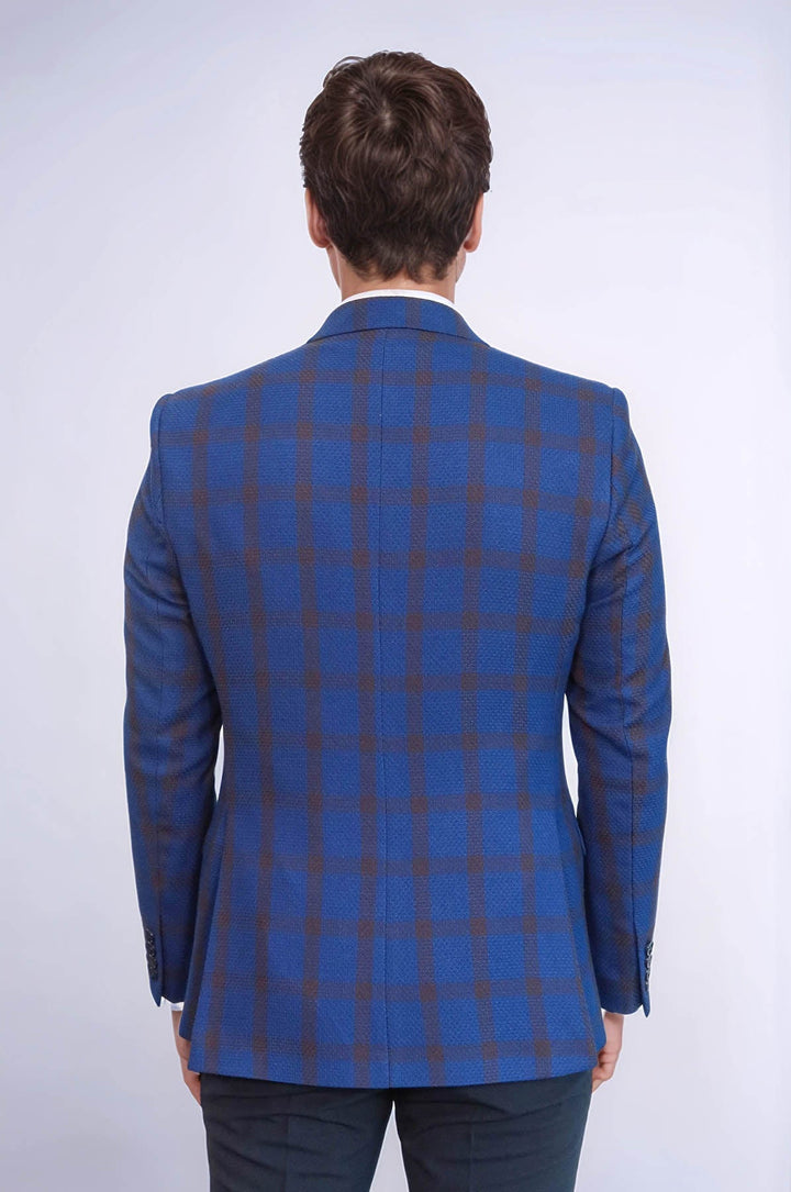 WSS Double Breasted Pointed Collar Plaid Bast Blue Jacket- - Rîbniţa