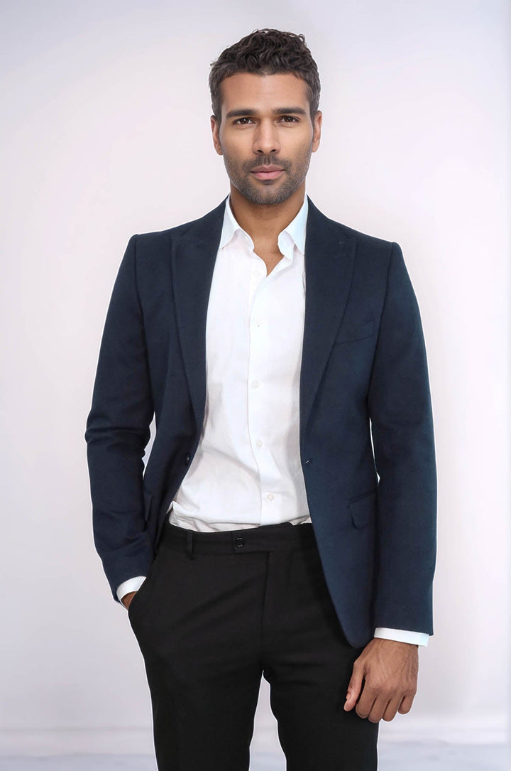 WSS Peak Lapel Single Button Plain Navy Blue Men Blazer  - Rosemead