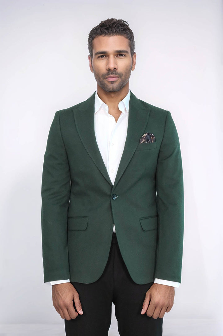 WSS Peak Lapel Single Button Plain Green Men Blazer  - Parsippany-Troy Hills