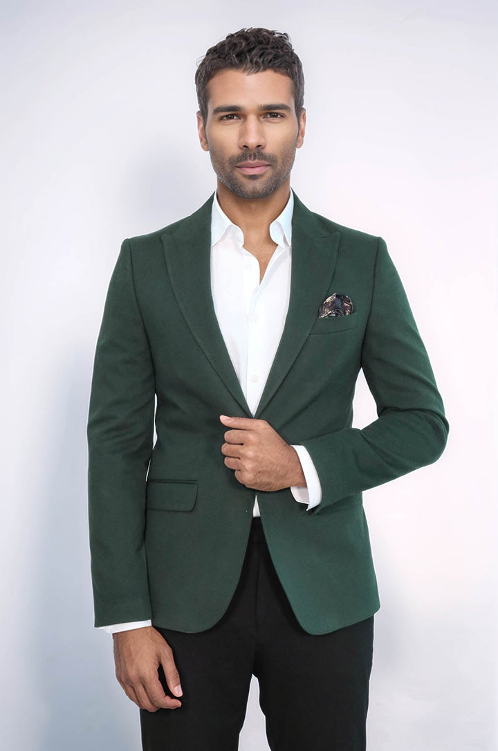 WSS Peak Lapel Single Button Plain Green Men Blazer  - Parsippany-Troy Hills