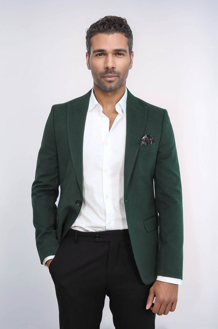 WSS Peak Lapel Single Button Plain Green Men Blazer  - Parsippany-Troy Hills