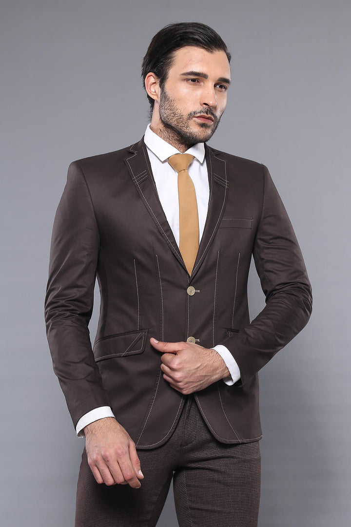 WSS Double Buttons Stitch Embroidered Brown Jacket- - Carrollwood