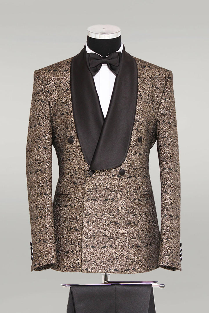 WSS Brocade Double-Breasted Satin Lapel Gold and Black Men's Tuxedo with Bow Tie  - Bruchsal