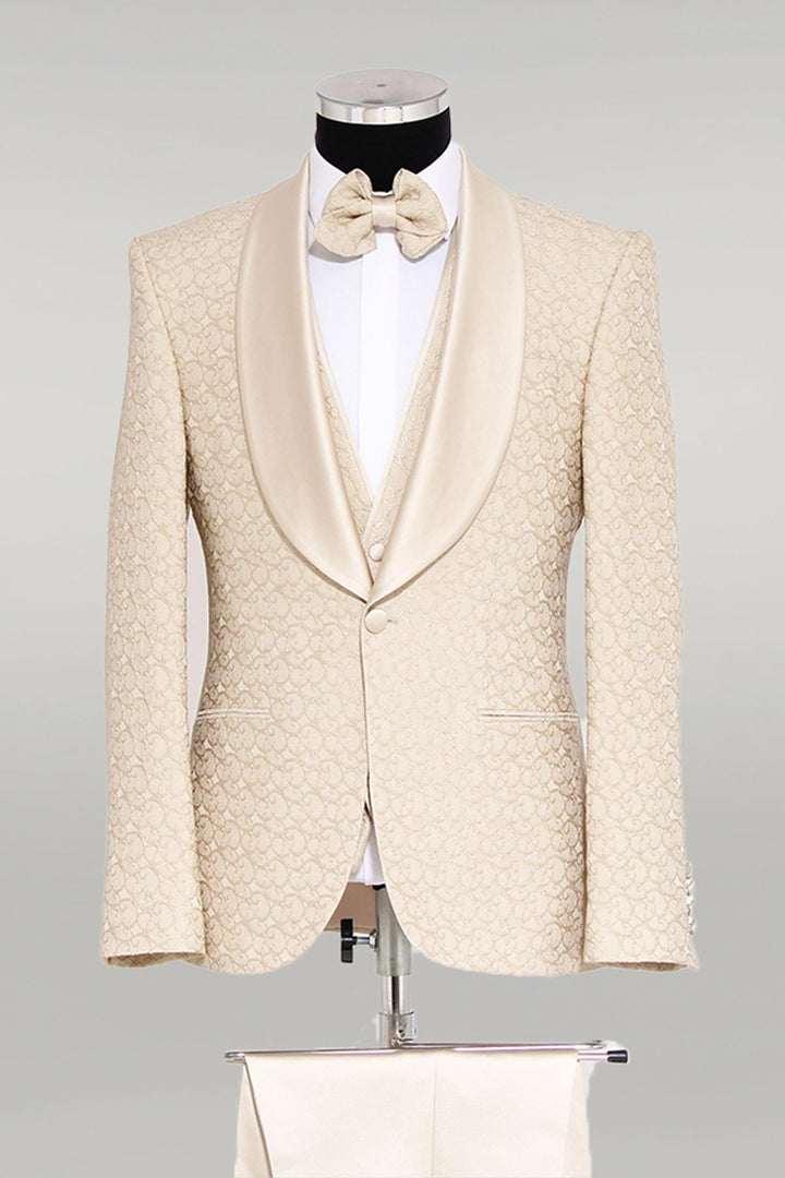 WSS 3-Piece Textured Satin Lapel Champagne Men's Tuxedo with Bow Tie - Saint-Chamond
