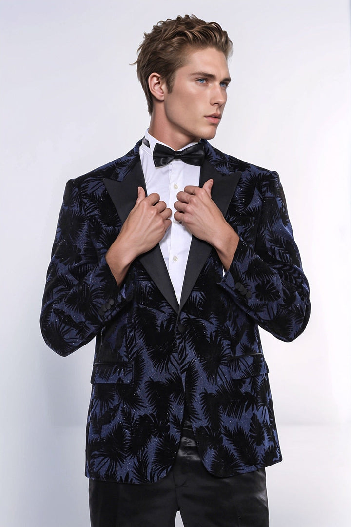 WSS Shiny Leaf Patterned Navy Blue Men Tuxedo Party  Blazer  - Leganés