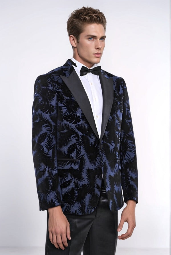 WSS Shiny Leaf Patterned Navy Blue Men Tuxedo Party  Blazer  - Leganés