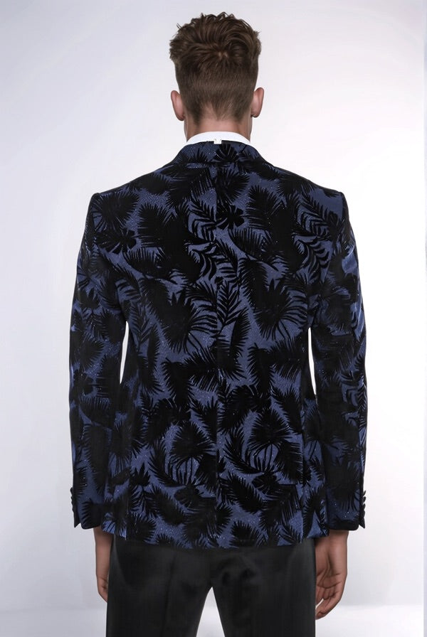 WSS Shiny Leaf Patterned Navy Blue Men Tuxedo Party  Blazer  - Leganés