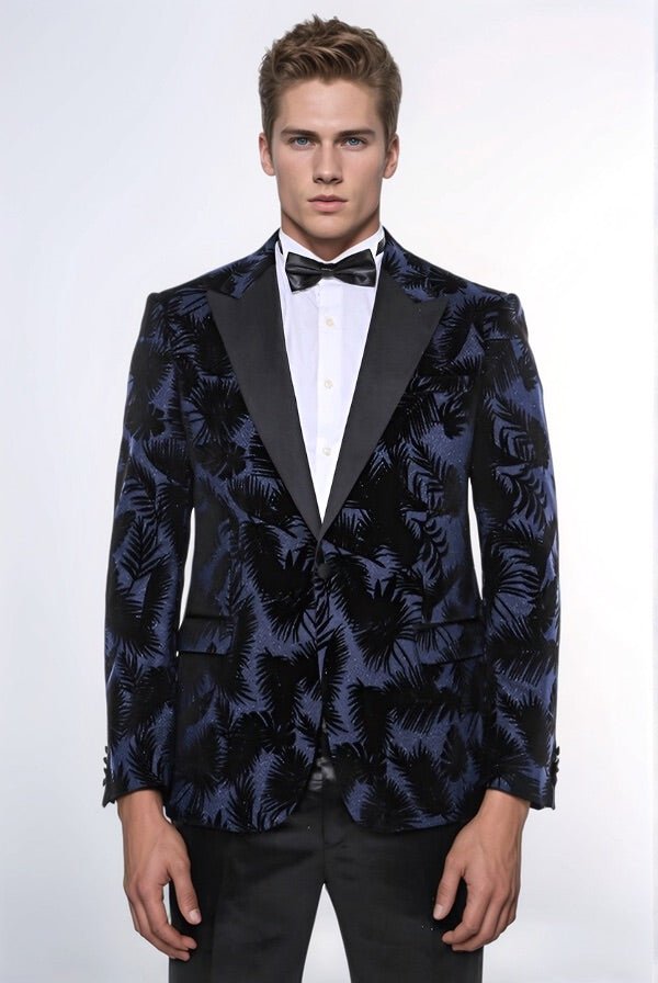 WSS Shiny Leaf Patterned Navy Blue Men Tuxedo Party  Blazer  - Leganés