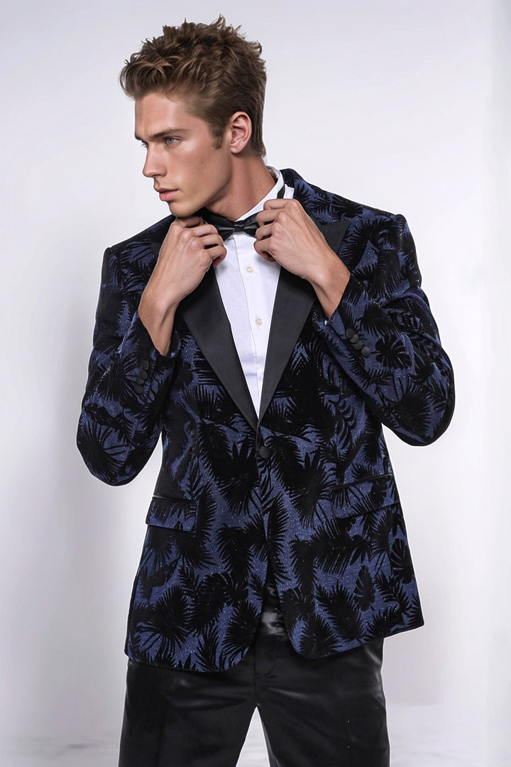 WSS Shiny Leaf Patterned Navy Blue Men Tuxedo Party  Blazer  - Leganés