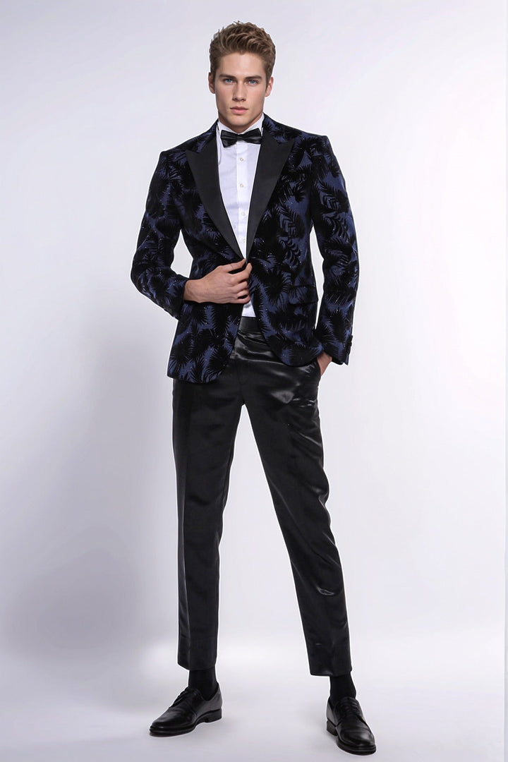 WSS Shiny Leaf Patterned Navy Blue Men Tuxedo Party  Blazer  - Leganés
