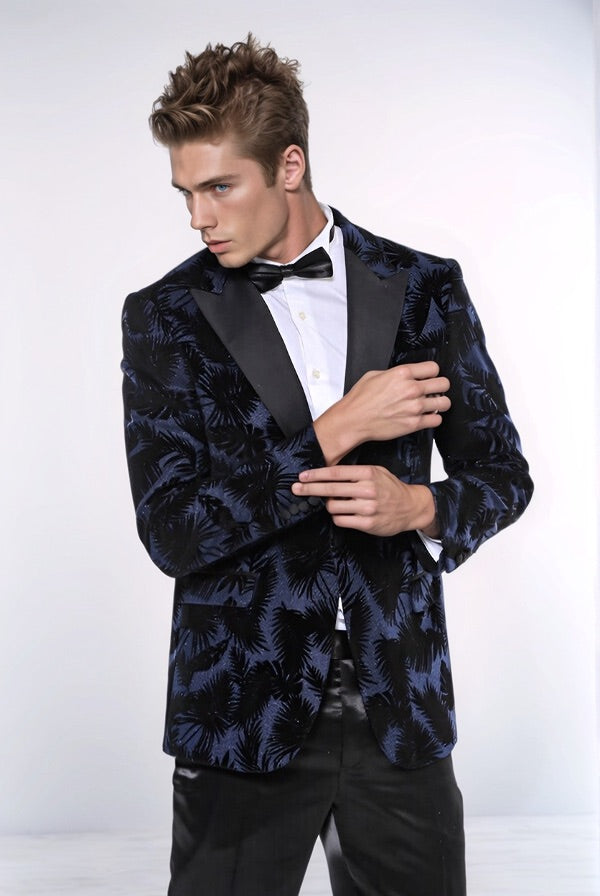 WSS Shiny Leaf Patterned Navy Blue Men Tuxedo Party  Blazer  - Leganés