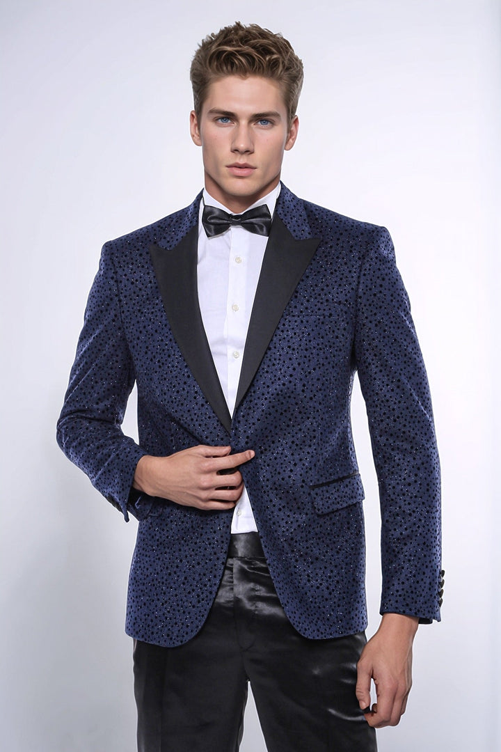 WSS Shiny Dot Patterned Navy Blue Men Party Blazer  - Stirling