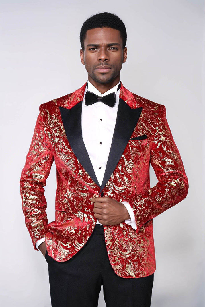 WSS Gold Patterned Over Red Men Prom Blazer And Trousers Combination Suit - Mascouche