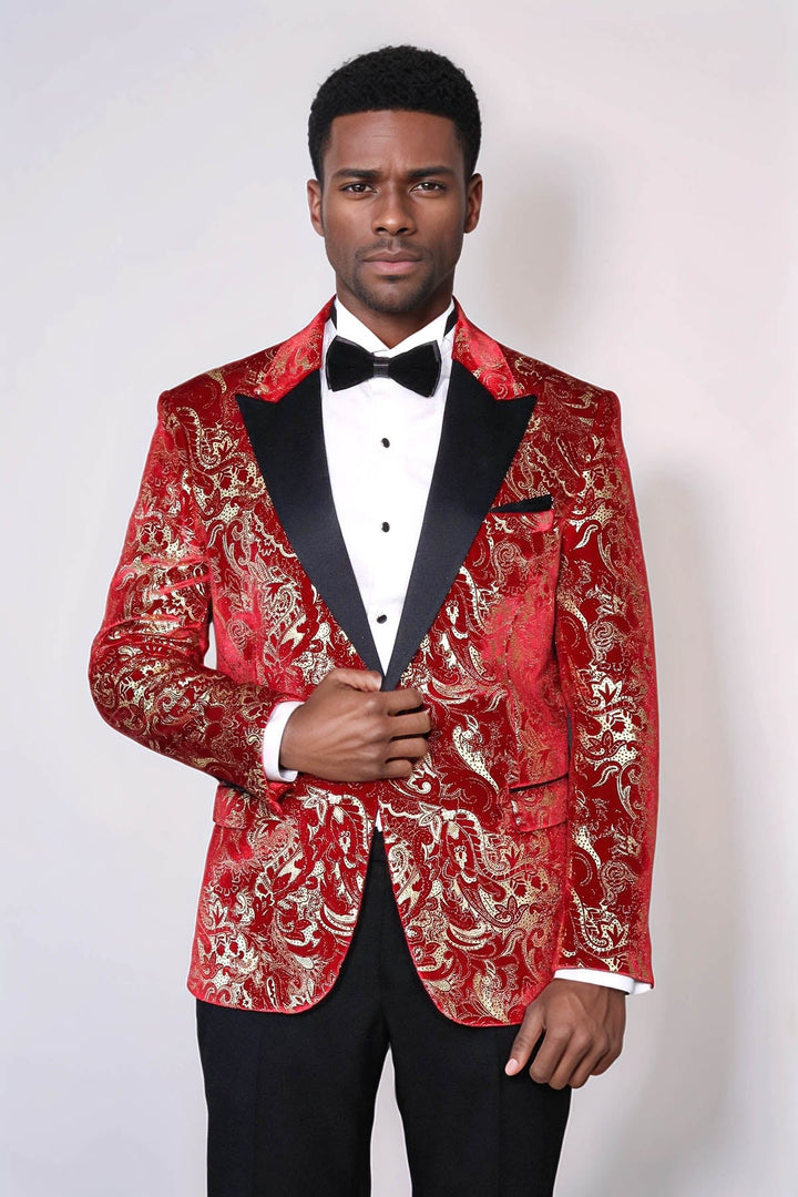 WSS Gold Patterned Over Red Men Prom Blazer And Trousers Combination Suit - Mascouche