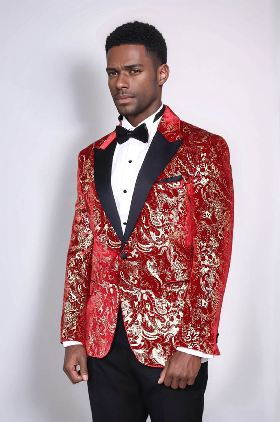 WSS Gold Patterned Over Red Men Prom Blazer And Trousers Combination Suit - Mascouche