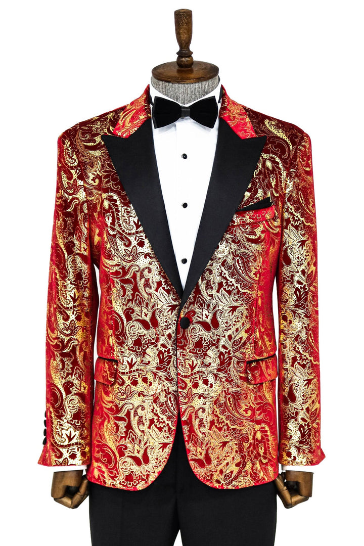 WSS Gold Patterned Over Red Men Prom Blazer  - Singen