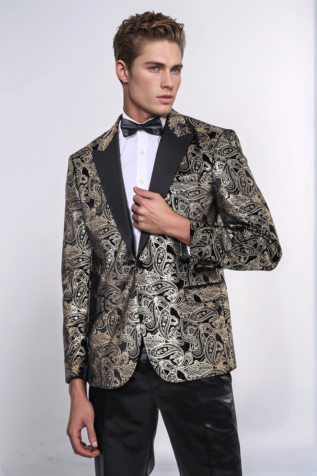 WSS Slim Fit Gold Paisley Patterned Black Men Tuxedo Blazer  - Dewsbury